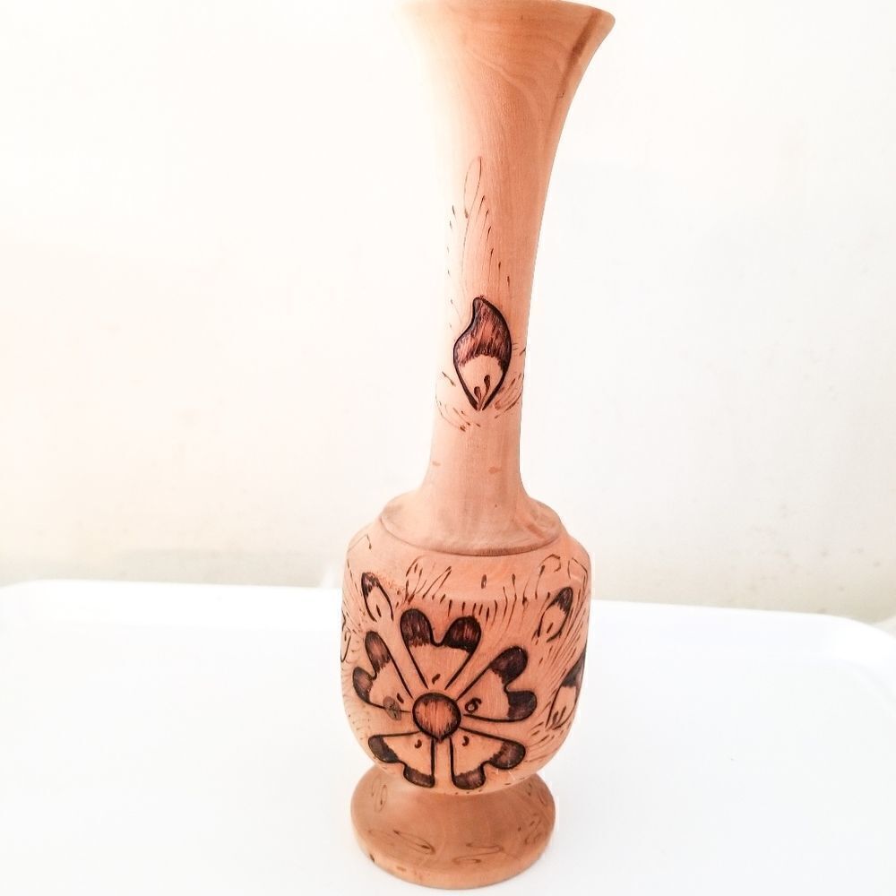 Handcrafted wooden vase burned accents